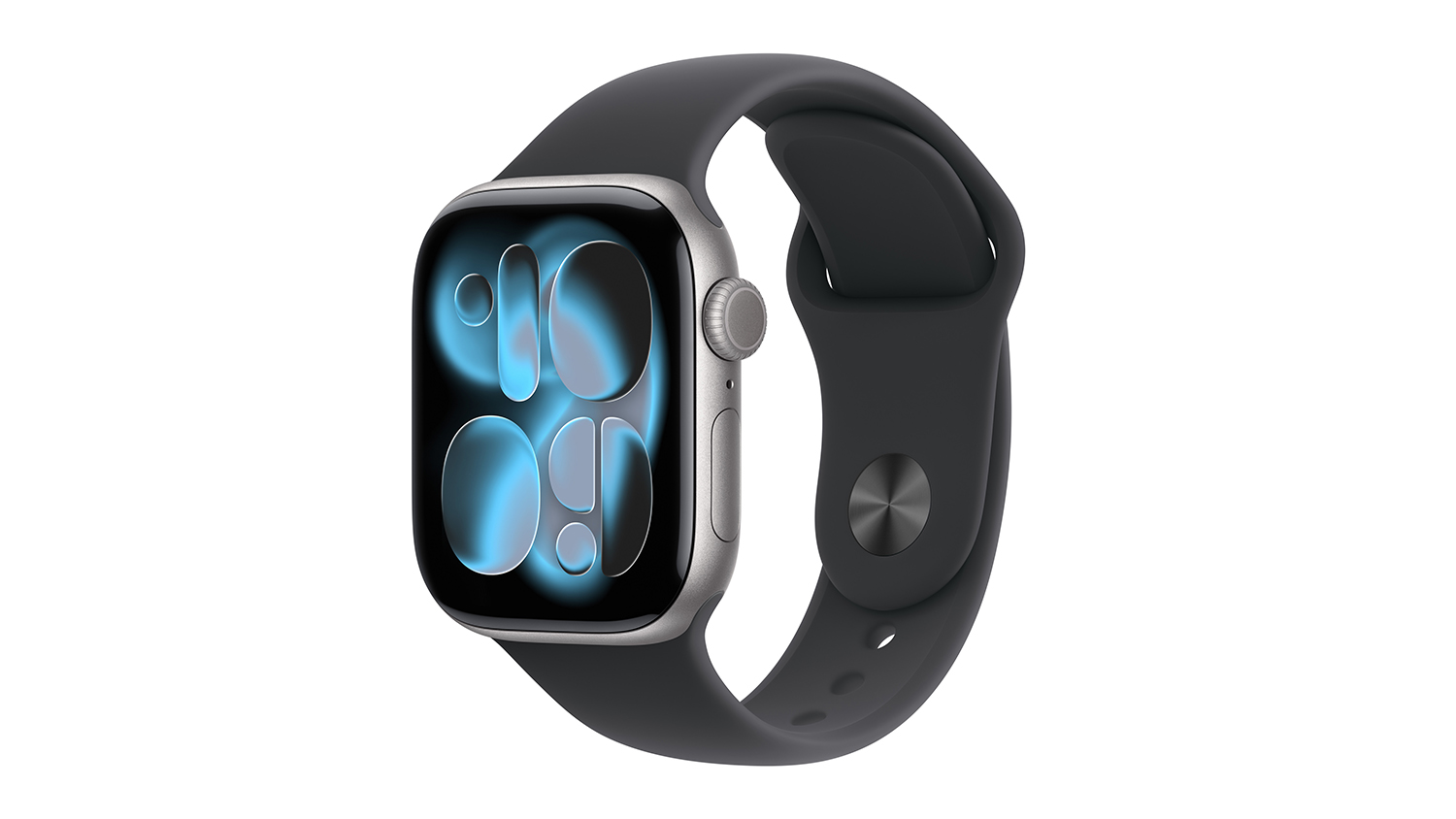 Apple Watch Series 11 in space grey aluminium with black sport band displays a modern abstract watch face