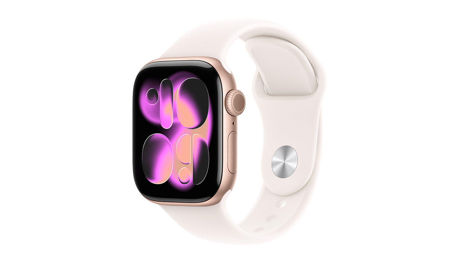 Apple Watch Series 11 in rose gold aluminium with light blush sport band displays a modern abstract watch face