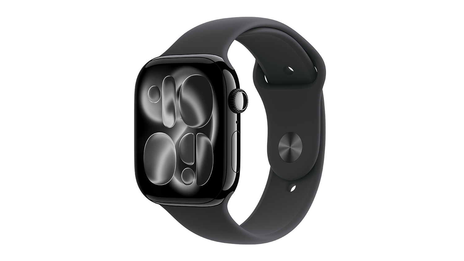 Apple Watch Series 11 in jet black aluminium with black sport band displays a modern abstract watch face