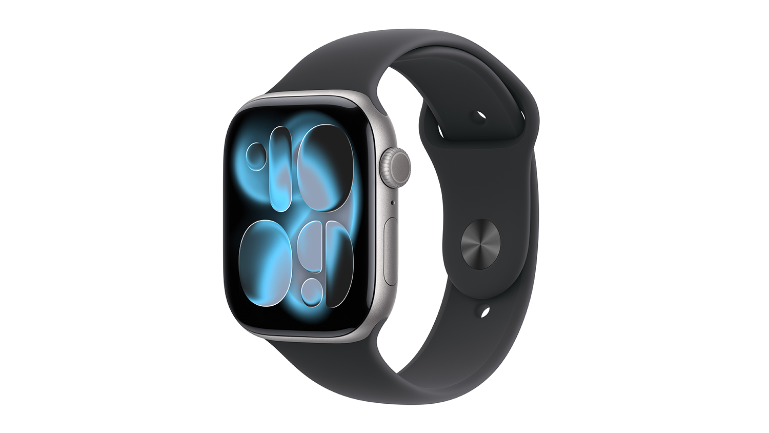 Apple Watch Series 11 in space grey aluminium with black sport band displays a modern abstract watch face