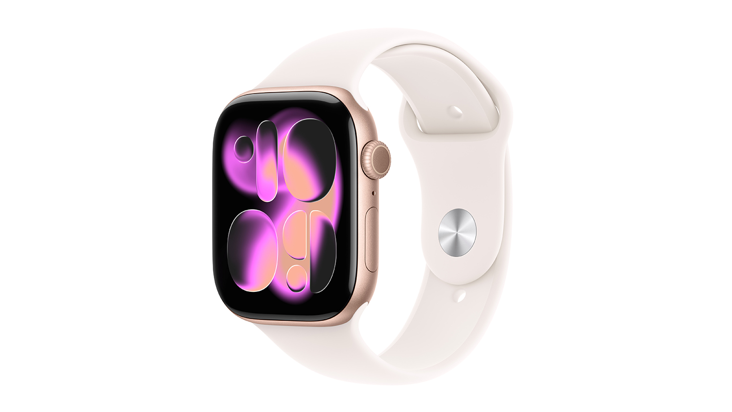 Apple Watch Series 11 in rose gold aluminium with light blush sport band displays a modern abstract watch face