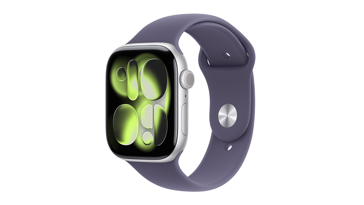Apple Watch Series 11 in silver aluminium with purple fog sport band displays a modern abstract watch face
