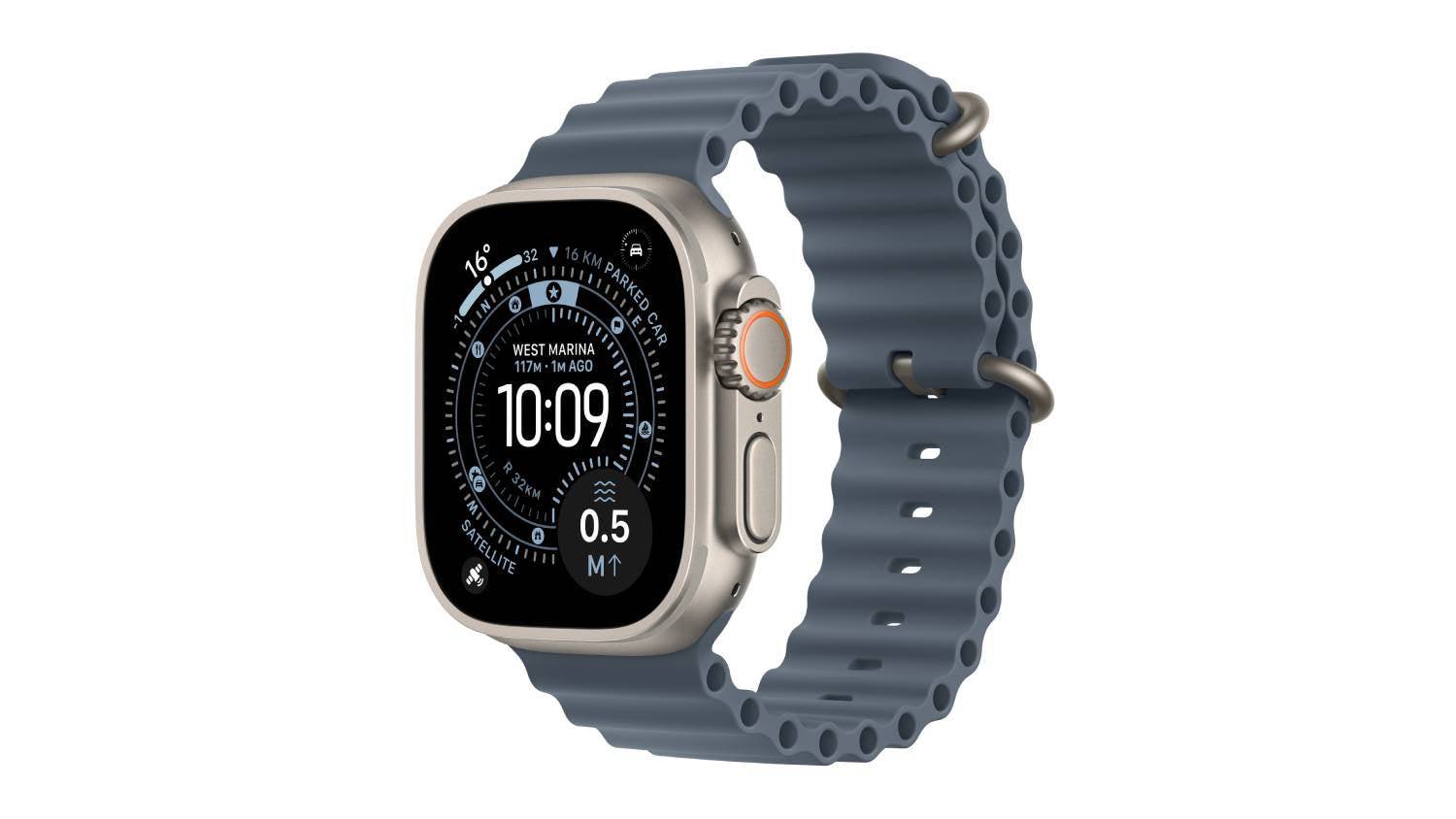 Apple Watch Ultra 3 with natural titanium case and Anchor Blue Ocean Band