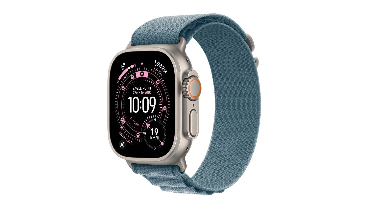 Apple Watch Ultra 3 with natural titanium case and Light Blue Alpine Loop