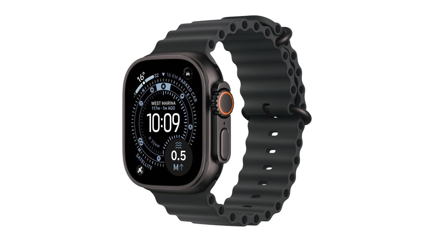 Apple Watch Ultra 3 with black titanium case and black Ocean Band
