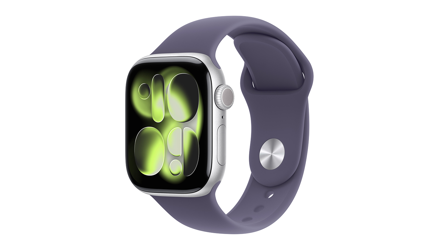A left-facing angled view of the Apple Watch Series 11 unit