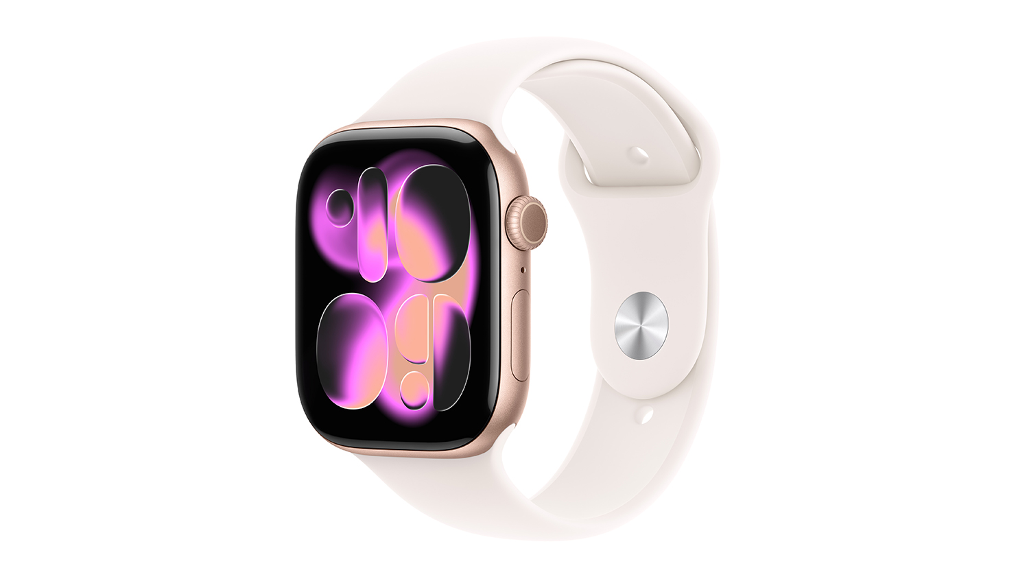 A left-facing angled view of the Apple Watch Series 11 unit