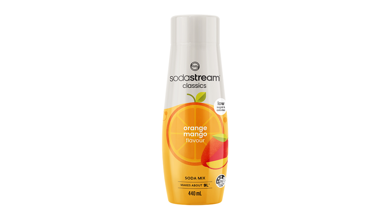 440mL SodaStream orange mango soda mix bottle with low sugar and makes 9L sparkling drink