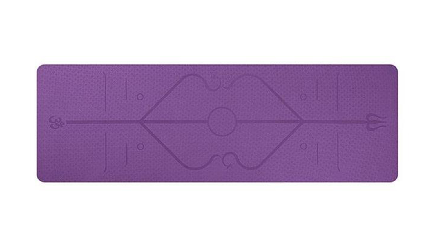 A purple yoga mat with alignment symbols
