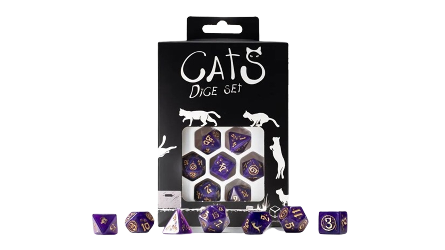 A set of purple dice with gold cat-themed symbols