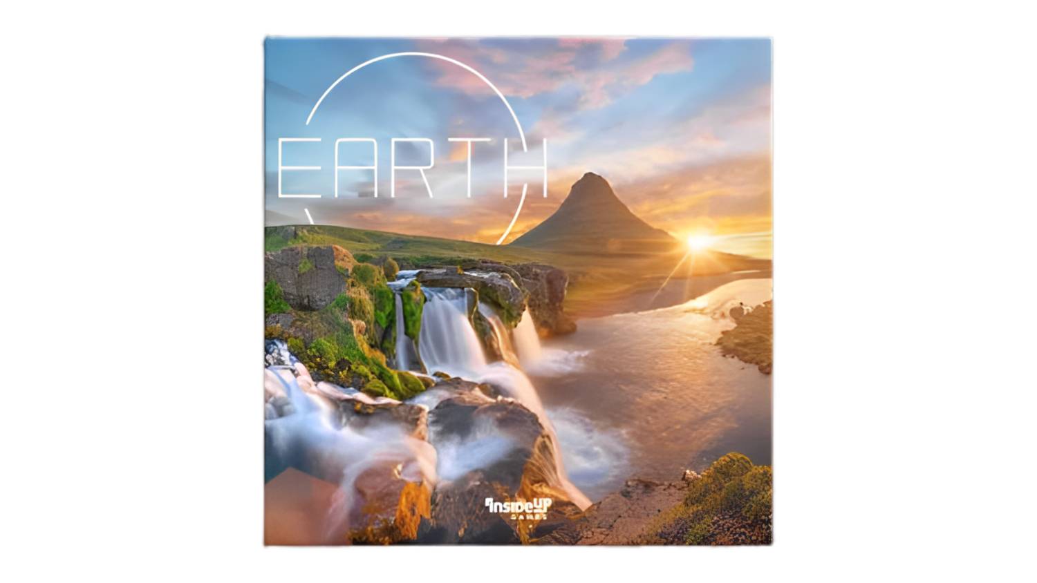 Earth Strategy Board Game cover, showing a sunset landscape with a waterfall, river, and mountain