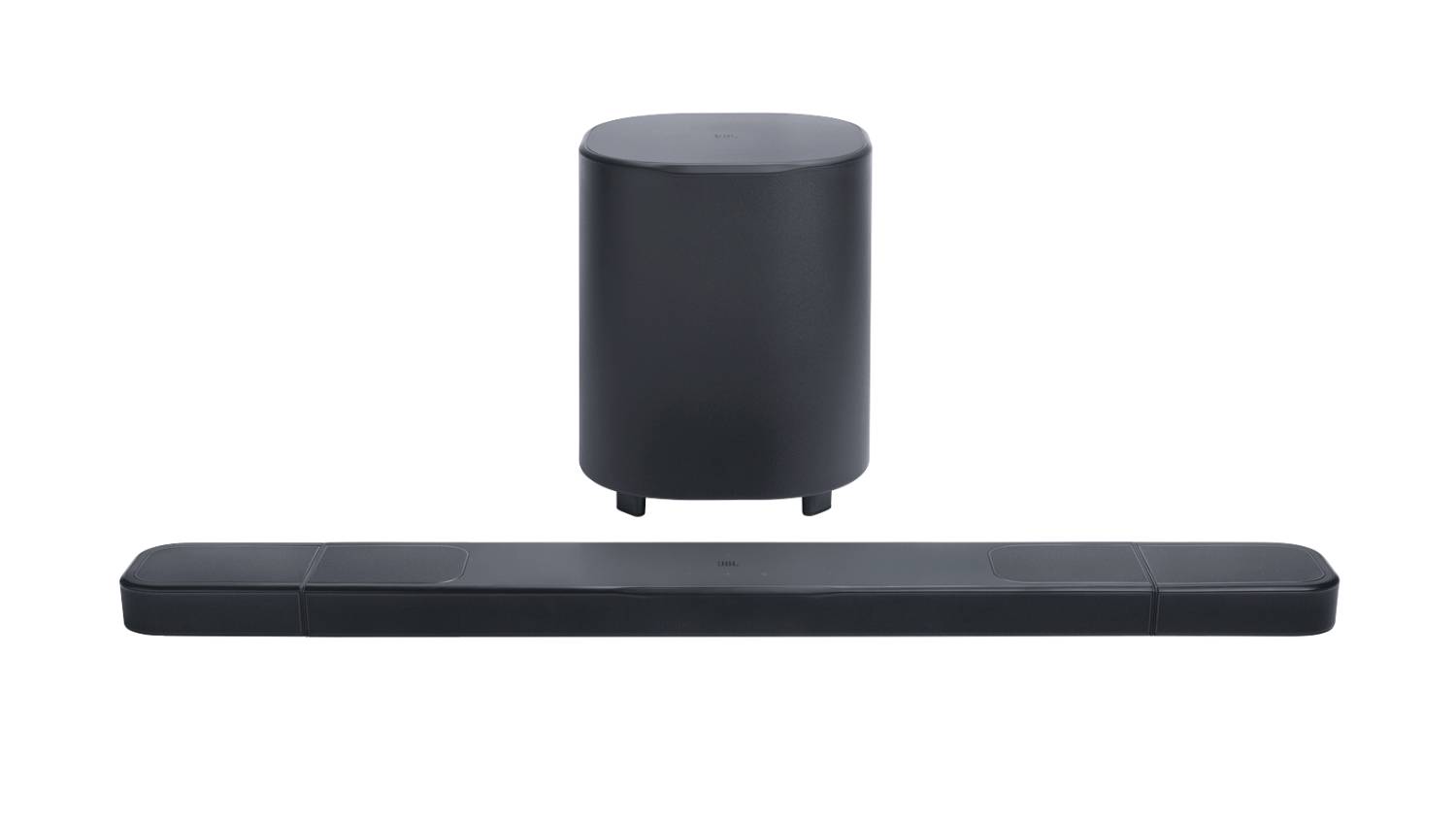 A black soundbar with rounded edges and a matching cylindrical subwoofer