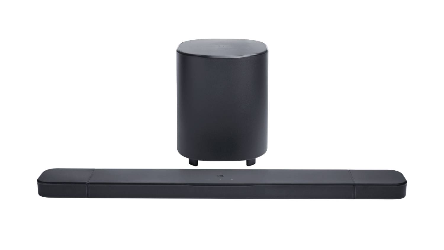 A black soundbar with rounded edges and a matching cylindrical subwoofer