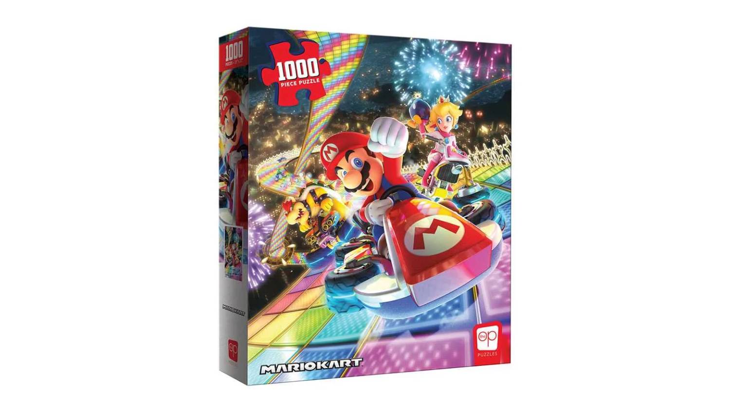 A box cover of a 1000-piece Mario Kart puzzle with characters racing on Rainbow Road under fireworks