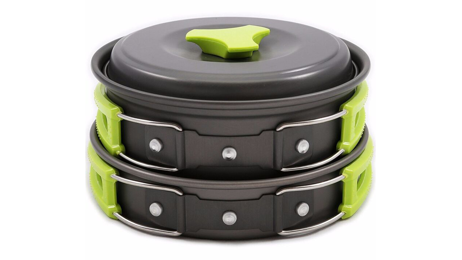 A compact HOD Anodised Portable Camping Cookset with green foldable handles