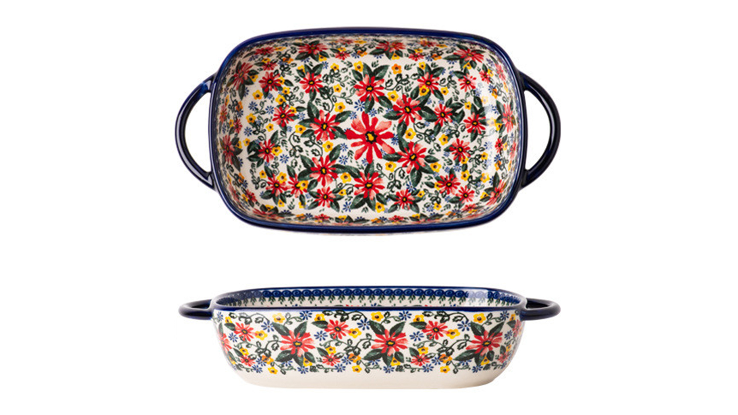 A floral ceramic dish with blue-rimmed handles