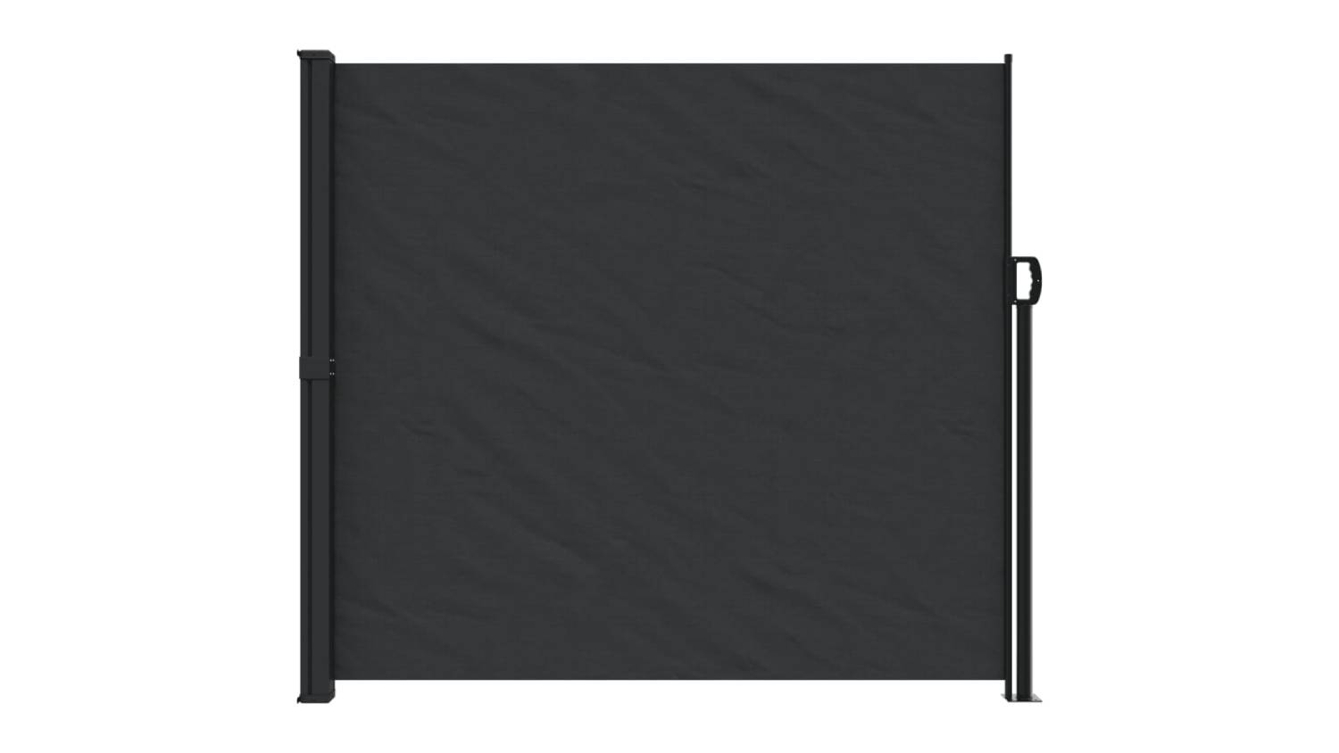 A black retractable privacy screen with a right-side handle, mounted between two vertical posts