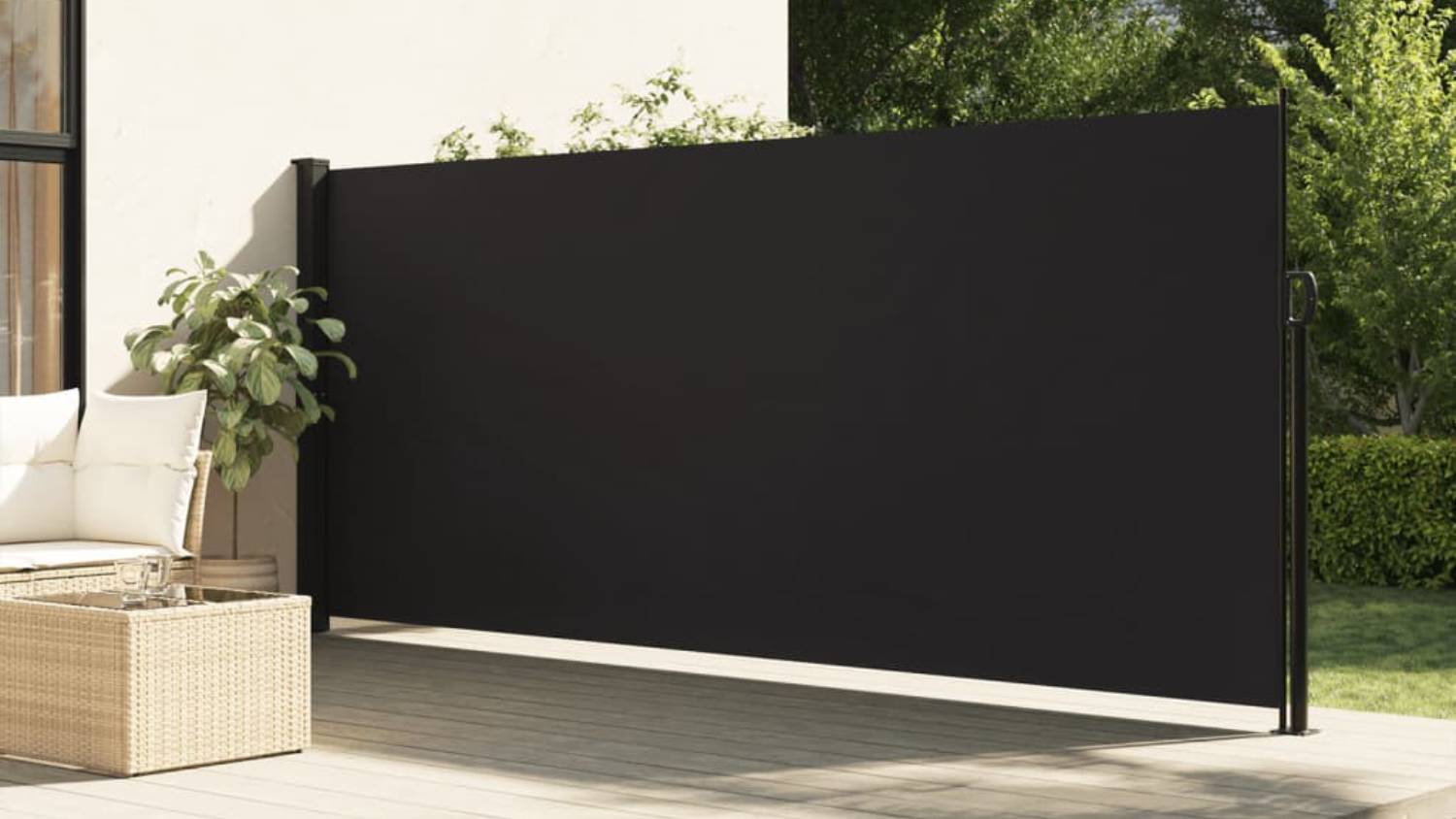 A retractable side awning in an outdoor setup