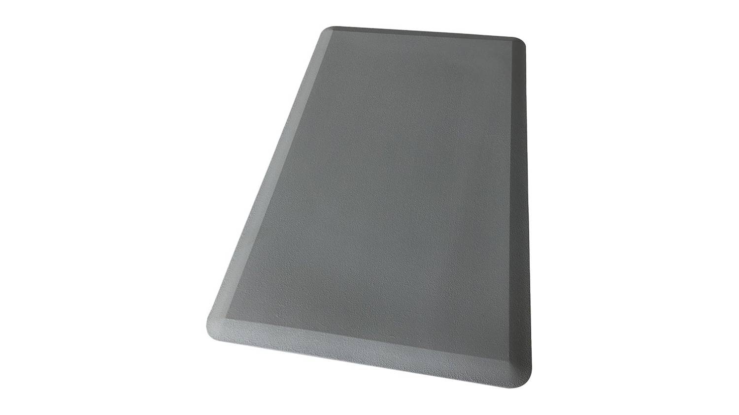 A rectangular grey anti-fatigue mat with bevelled edges