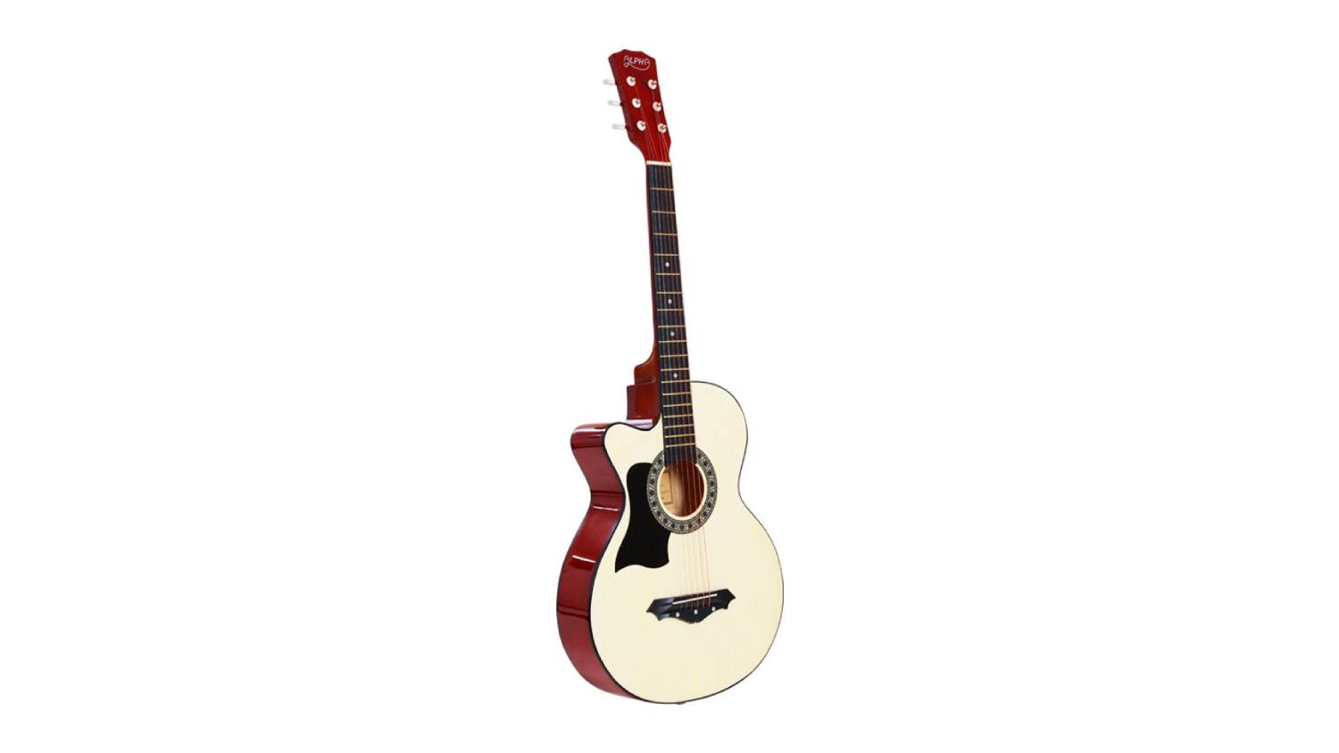 A red and white acoustic guitar with cut-away design