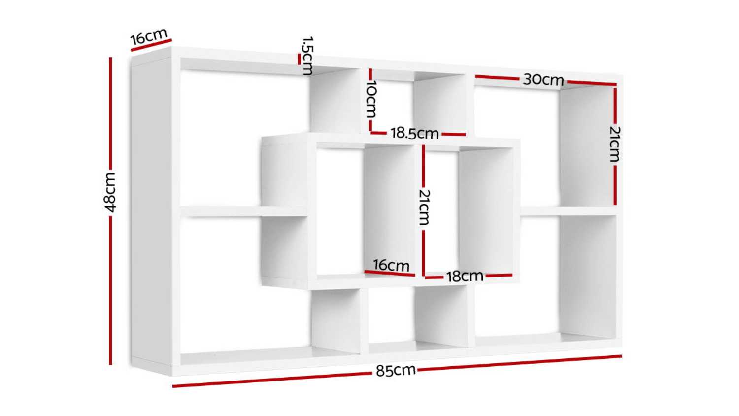 White shelving unit with compartments of different sizes, each labelled with dimensions in centimetres