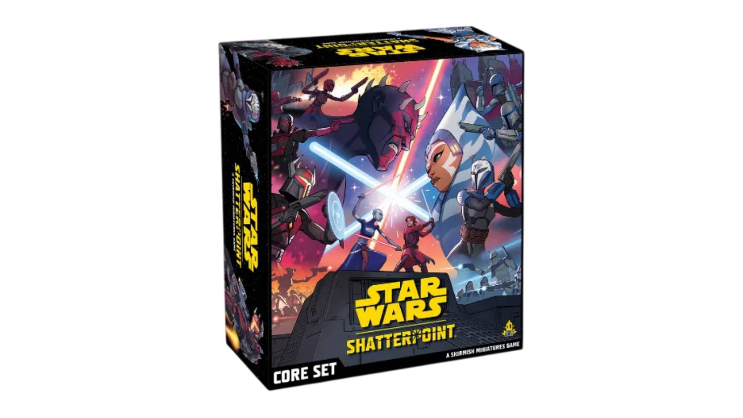 A box cover of "Star Wars Shatterpoint Core Set" showing animated Star Wars characters in a dynamic lightsaber battle