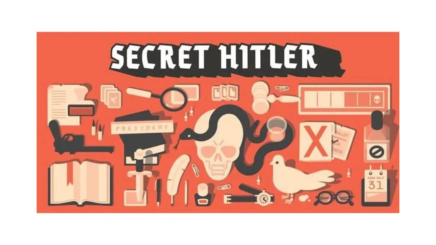 Secret Hitler game cover with illustrated objects like a skull, a snake, a gun, a book, a dove, and a magnifying glass