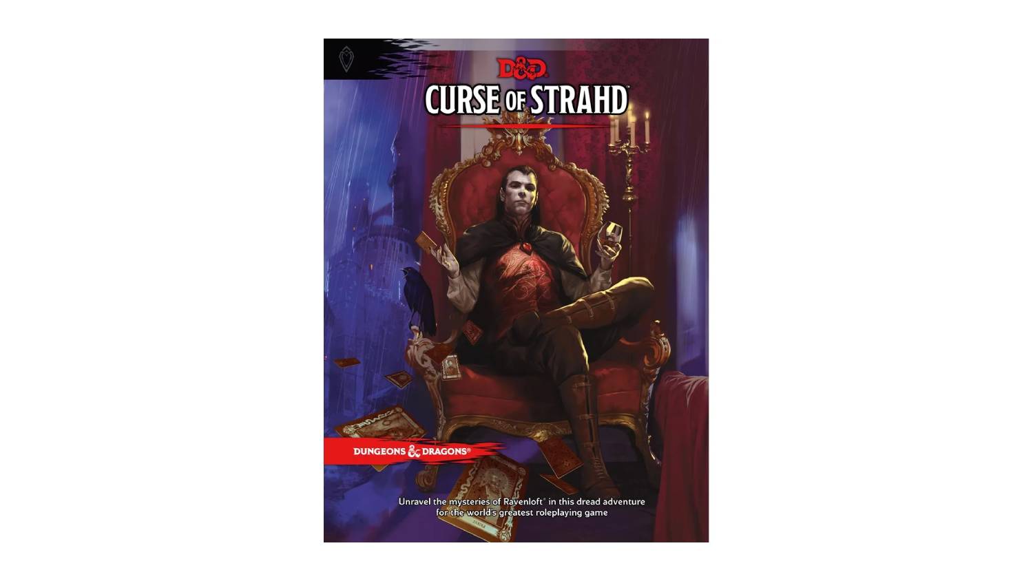 Curse of Strahd D&D module cover showing a vampire on a throne with a castle backdrop and gothic fantasy elements
