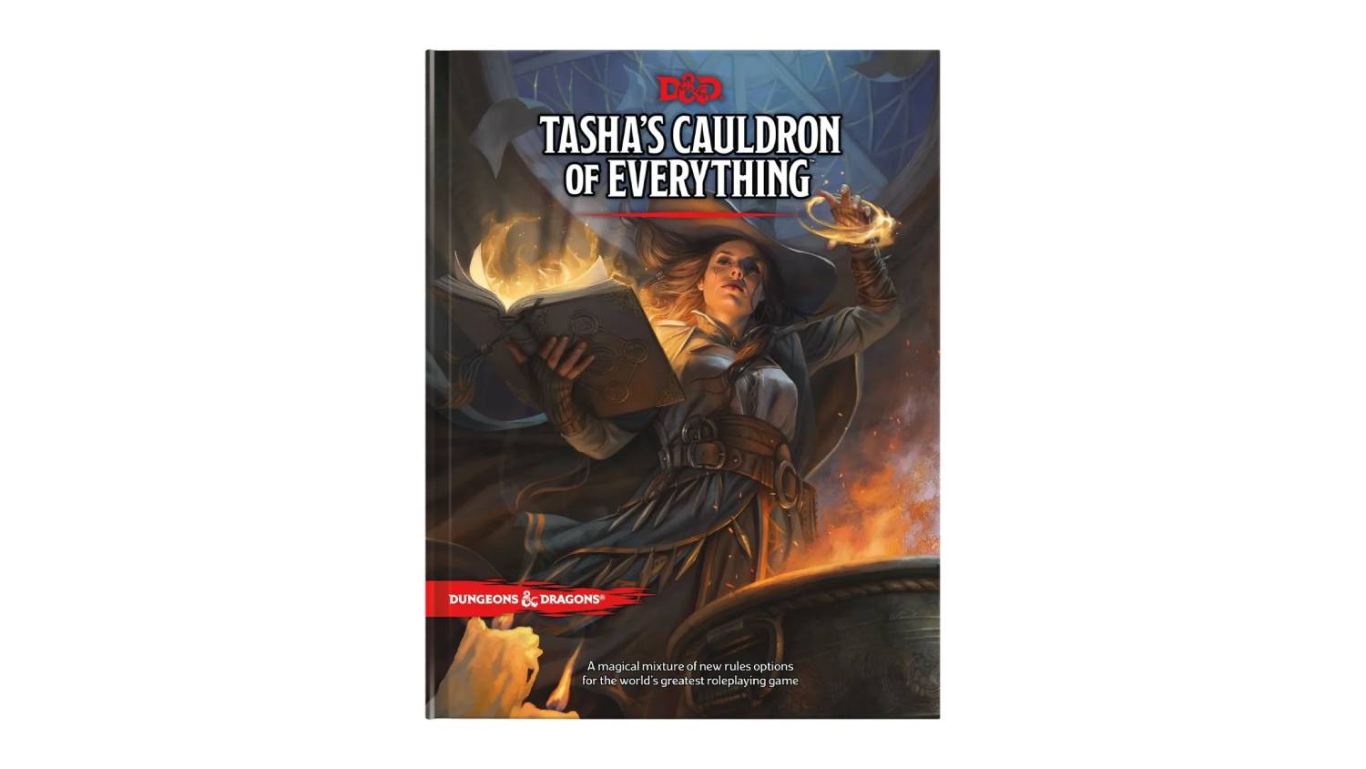 Cover of the D&D book 'Tasha's Cauldron of Everything', featuring a spellcaster holding a glowing book while conjuring magic