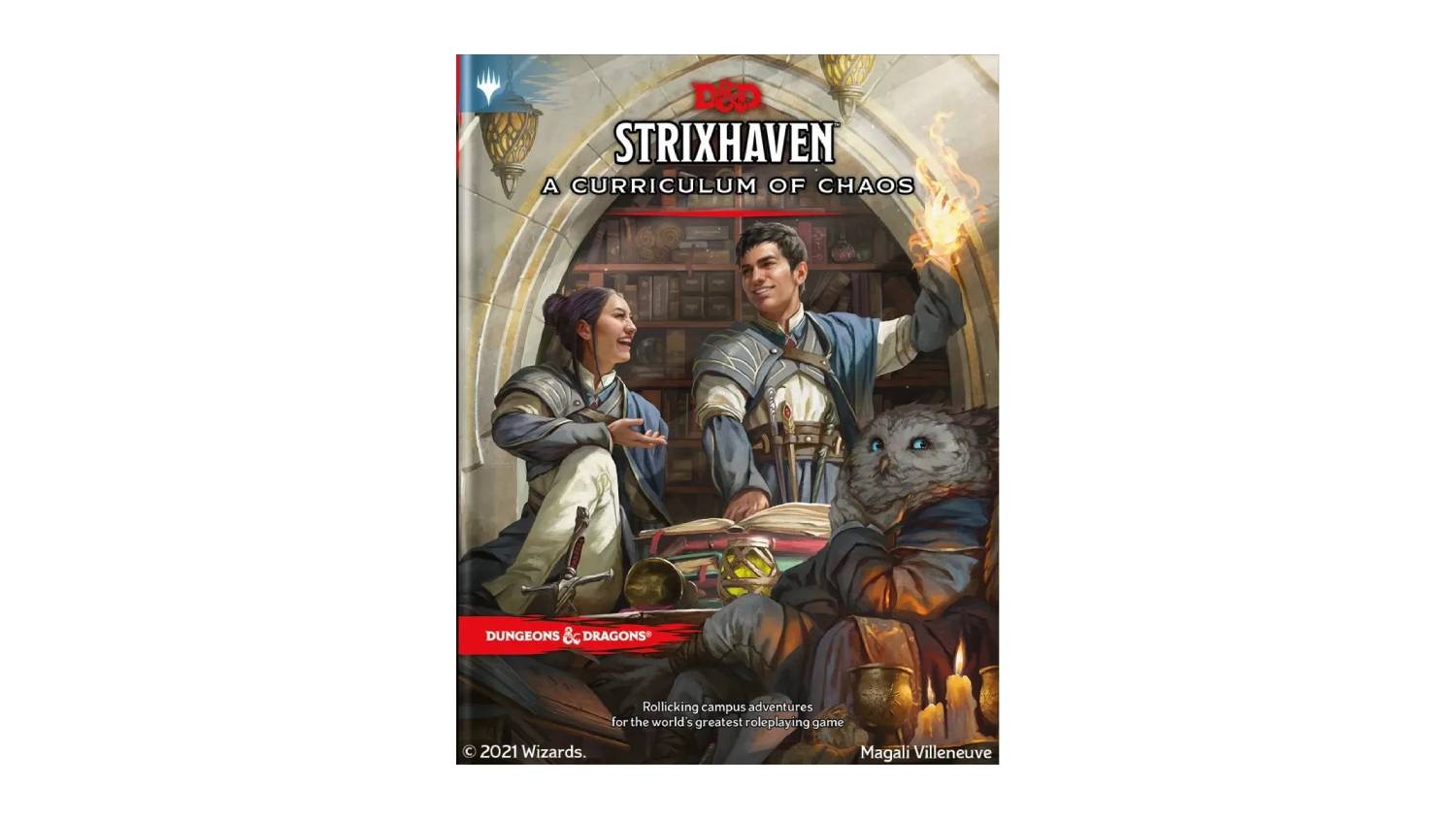 D&D Strixhaven: A Curriculum of Chaos cover with three characters in a magical library and an owl, glowing magic in hand