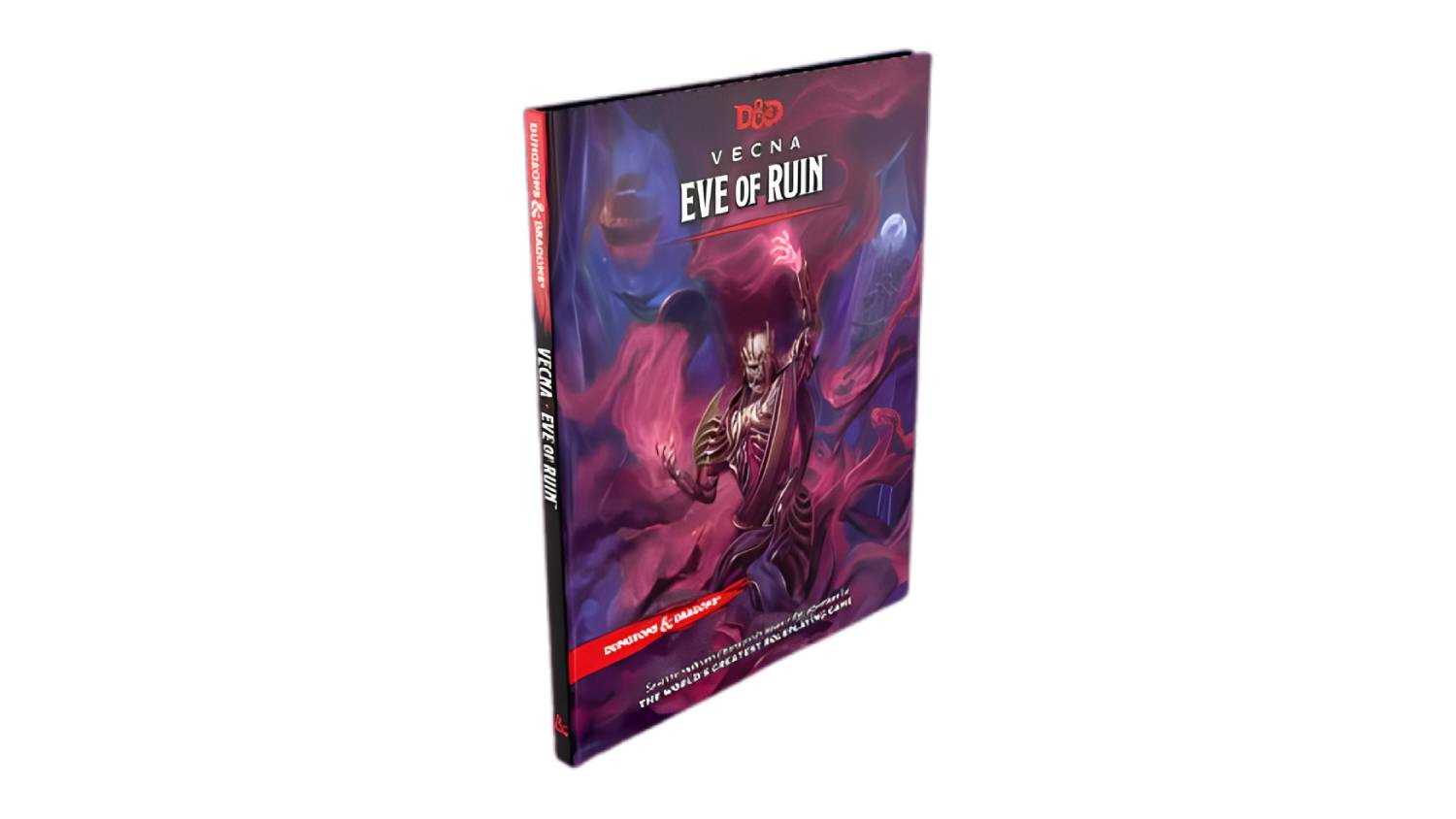 D&D Vecna Eve of Ruin book cover with a dark figure, glowing eyes, and a swirling purple mist