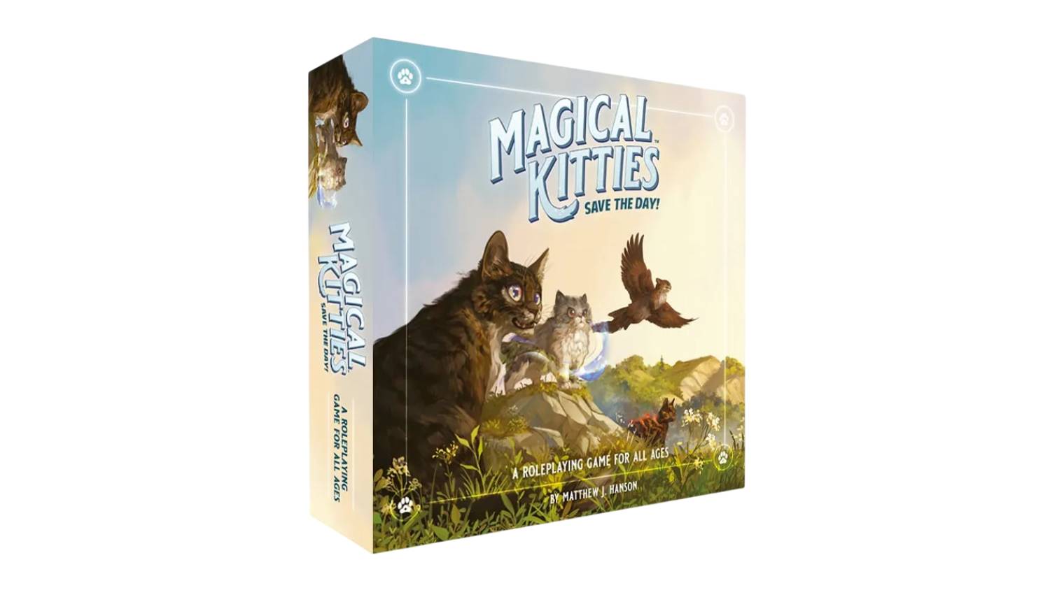 A box cover of "Magical Kitties Save the Day!" featuring illustrated magical cats and an eagle in a fantasy landscape