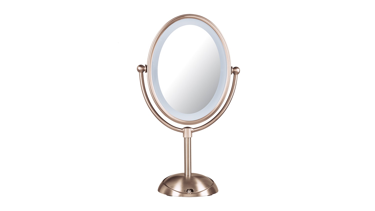 A rose gold-coulored, oval-shaped LED lighted makeup mirror by Conair Body Benefits