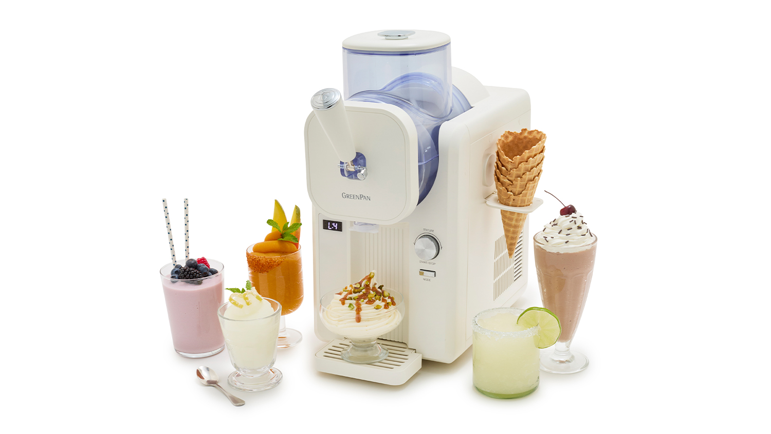 Soft serve machine with frozen treats including sundaes, milkshakes, and waffle cones on display