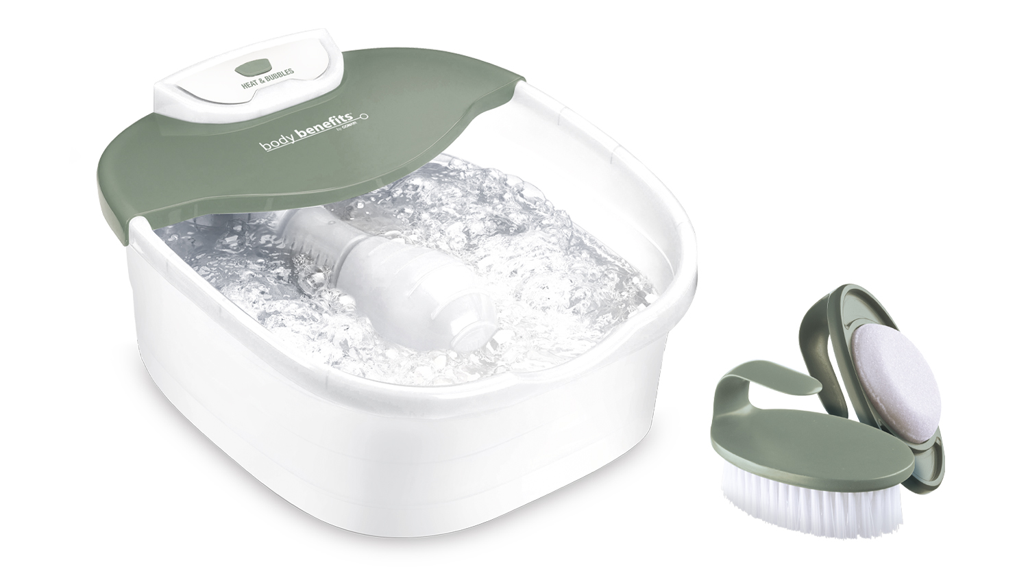 Foot spa bath massager with bubbling water next to a pumice stone and brush for foot care and exfoliation