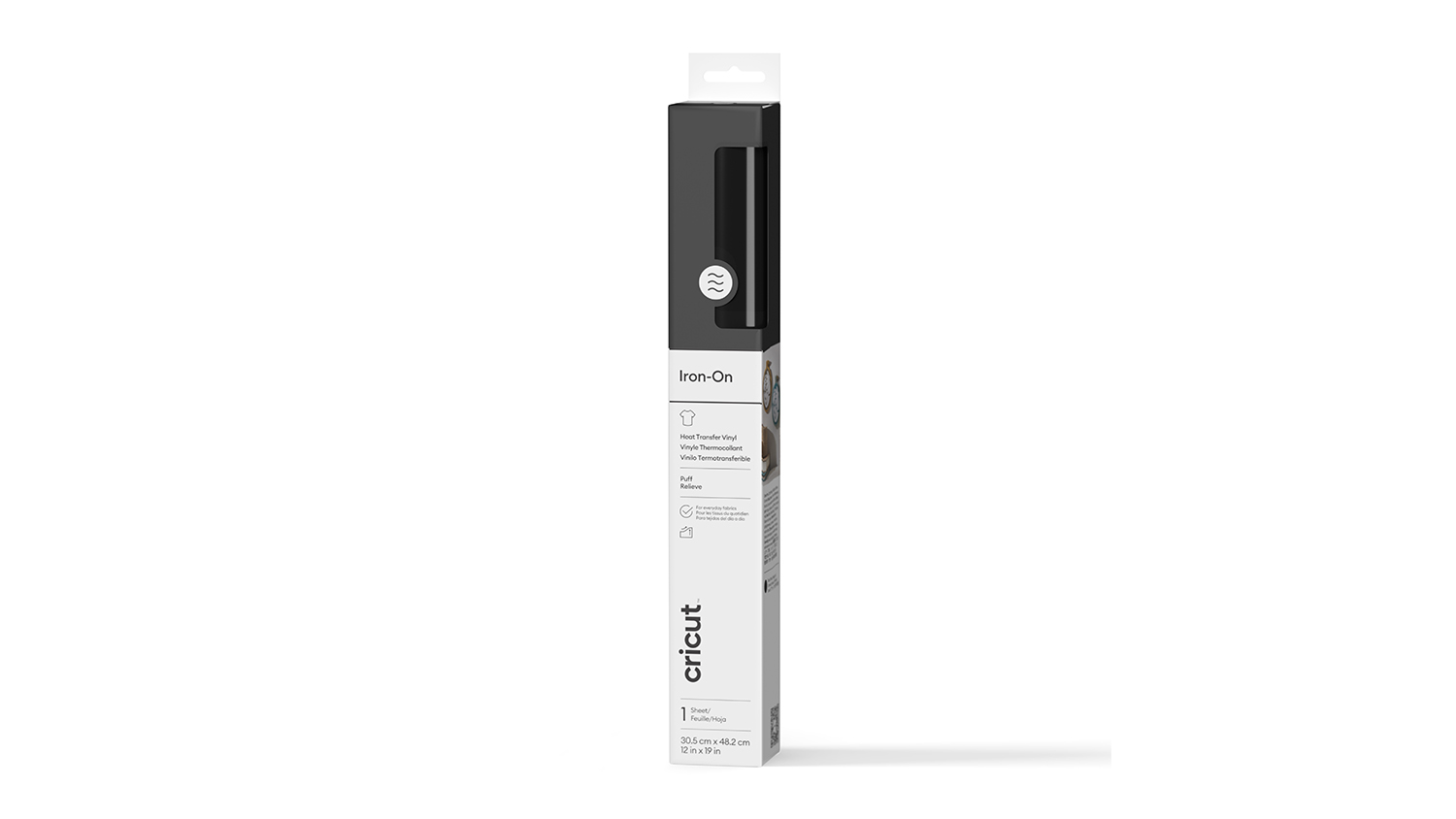 A Cricut Puff Iron-On vinyl roll in white and black packaging