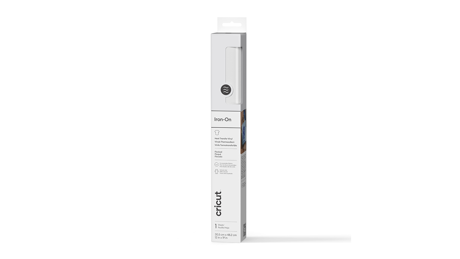 A Cricut Flocked Iron-On vinyl roll in white packaging