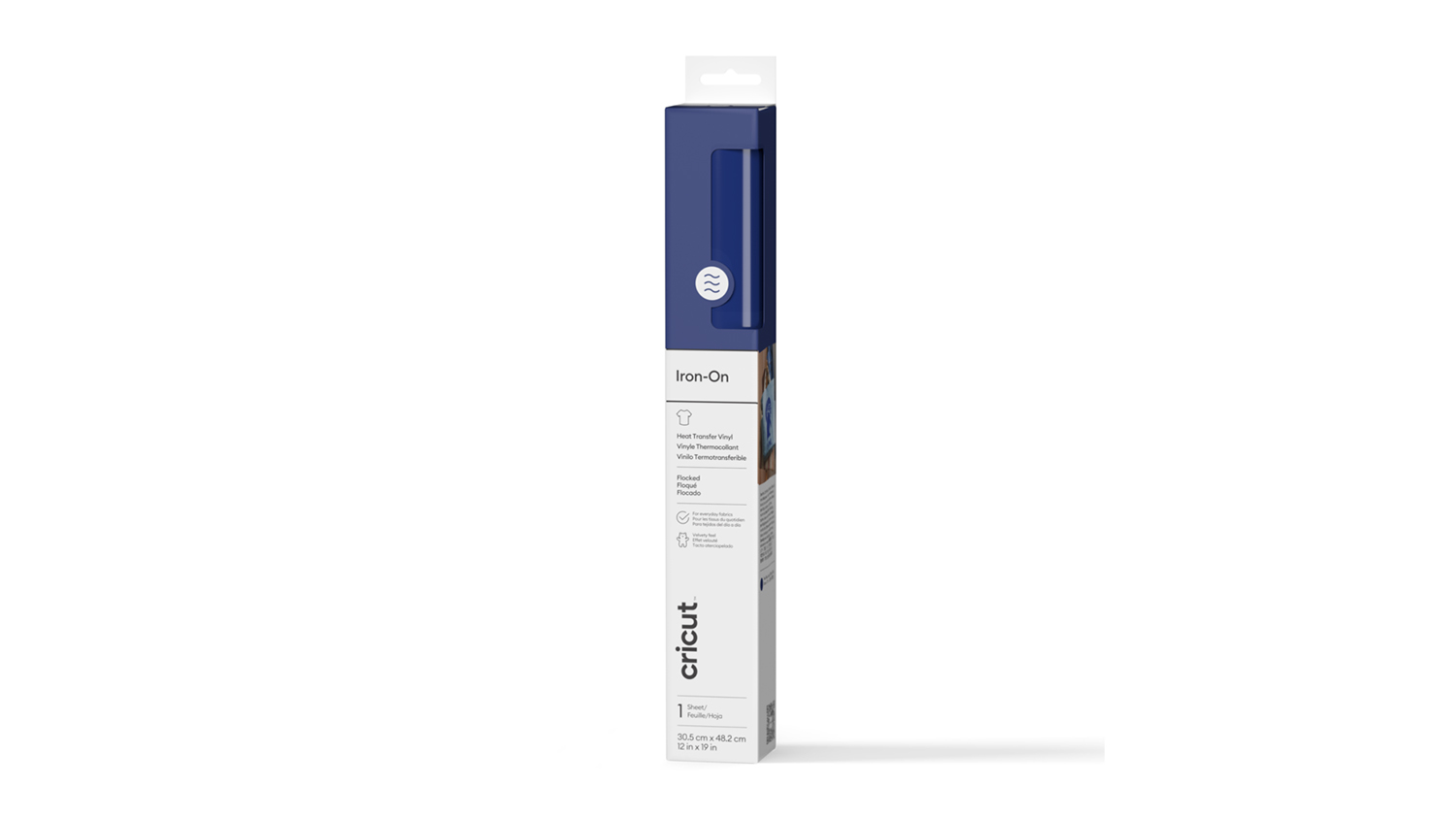 A Cricut Flocked Iron-On vinyl roll in white and blue packaging