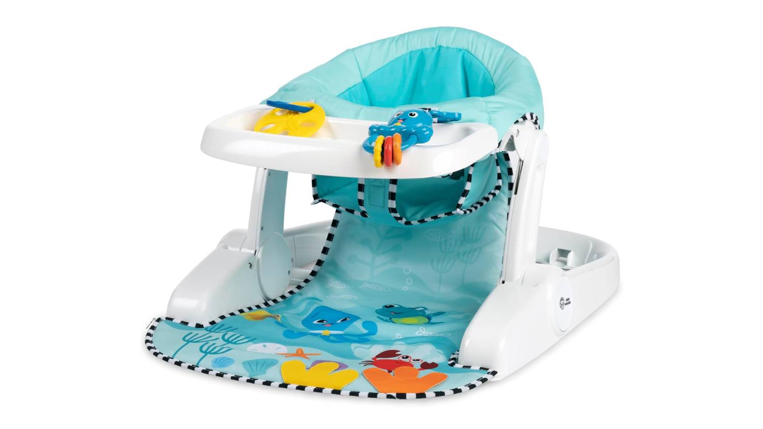 Baby Einstein sit-up seat with turquoise cushion, white tray, and sea-themed mat featuring fish and octopus toys