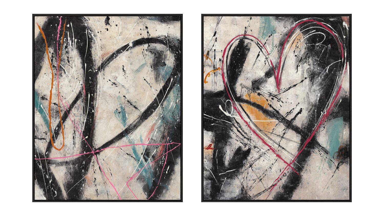 Front view of two abstract multi-coloured artworks in a sleek black frame