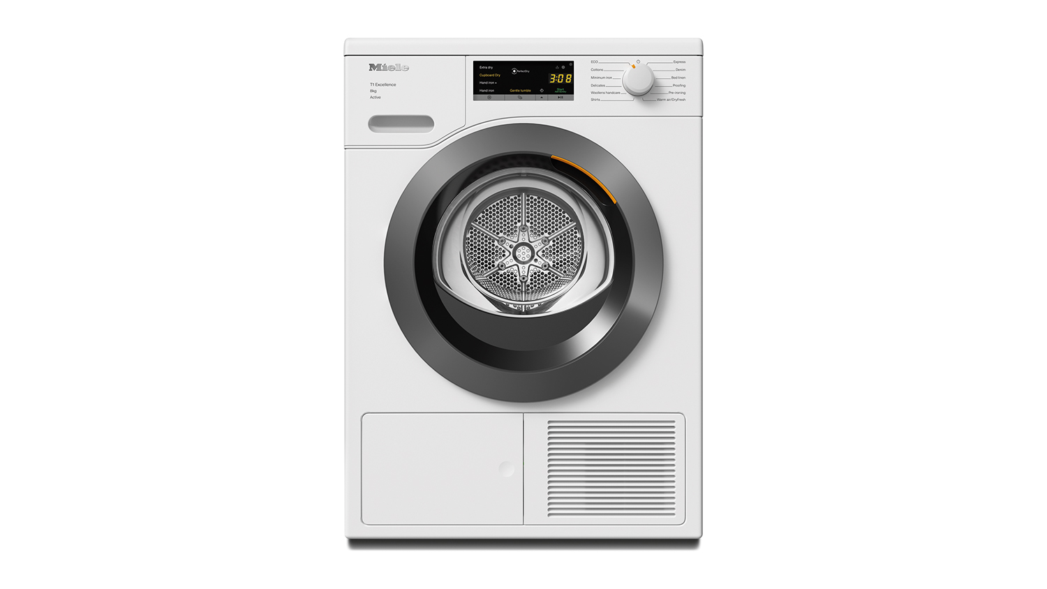 Front view of Miele 8kg Heat Pump Dryer with digital display showing and control knob