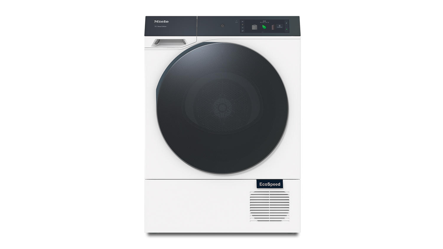Front view of Miele 9kg Nova Heat Pump Smart Dryer with black circular door and EcoSpeed label
