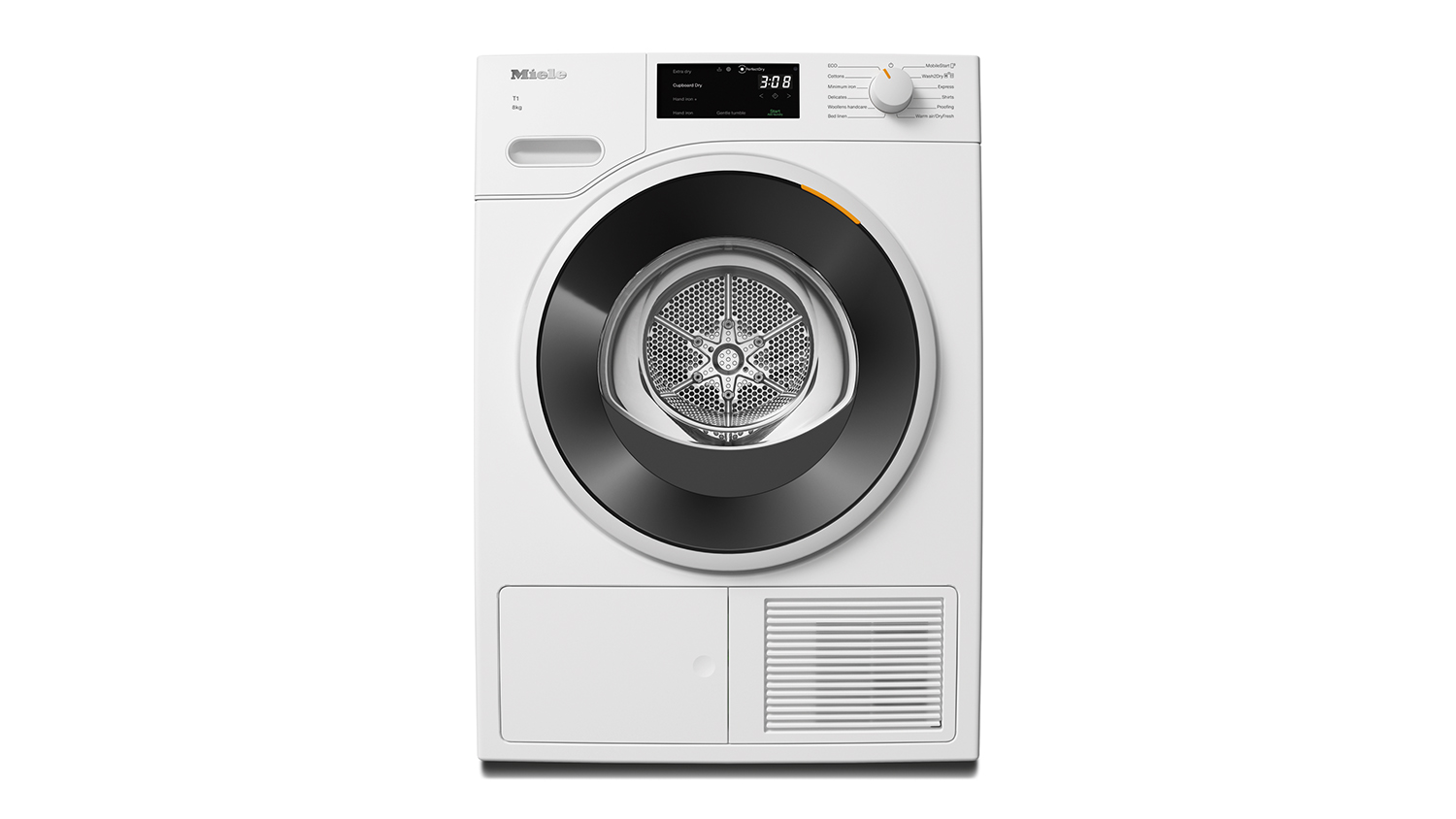 Front view of Miele 8kg Heat Pump Dryer with digital display showing and control knob