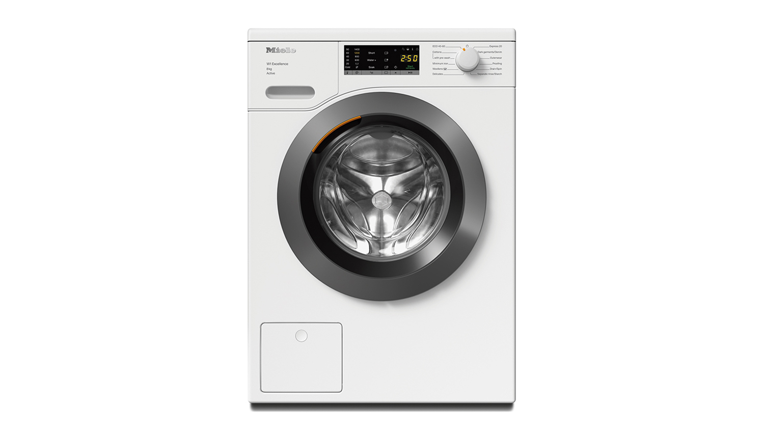 Front view of Miele 8kg front loader washing machine with digital display showing and control knob