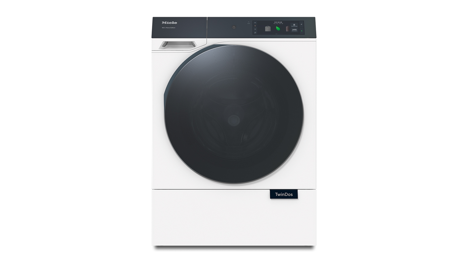 Front view of Miele 10kg Nova washing machine with large black door and TwinDos feature