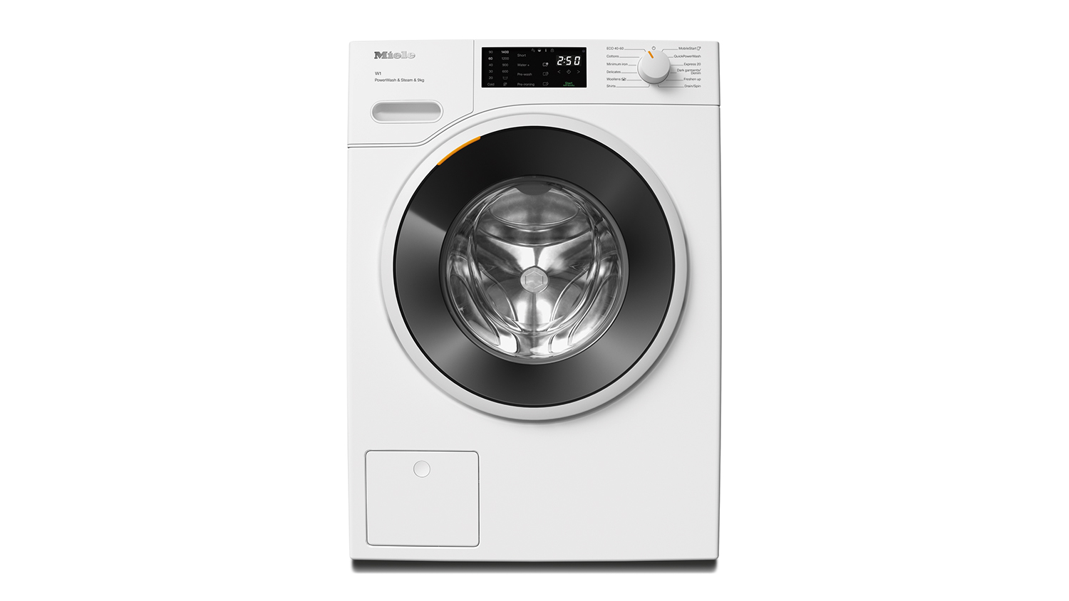 Front view of Miele 9kg front loader washing machine with digital display showing and control knob