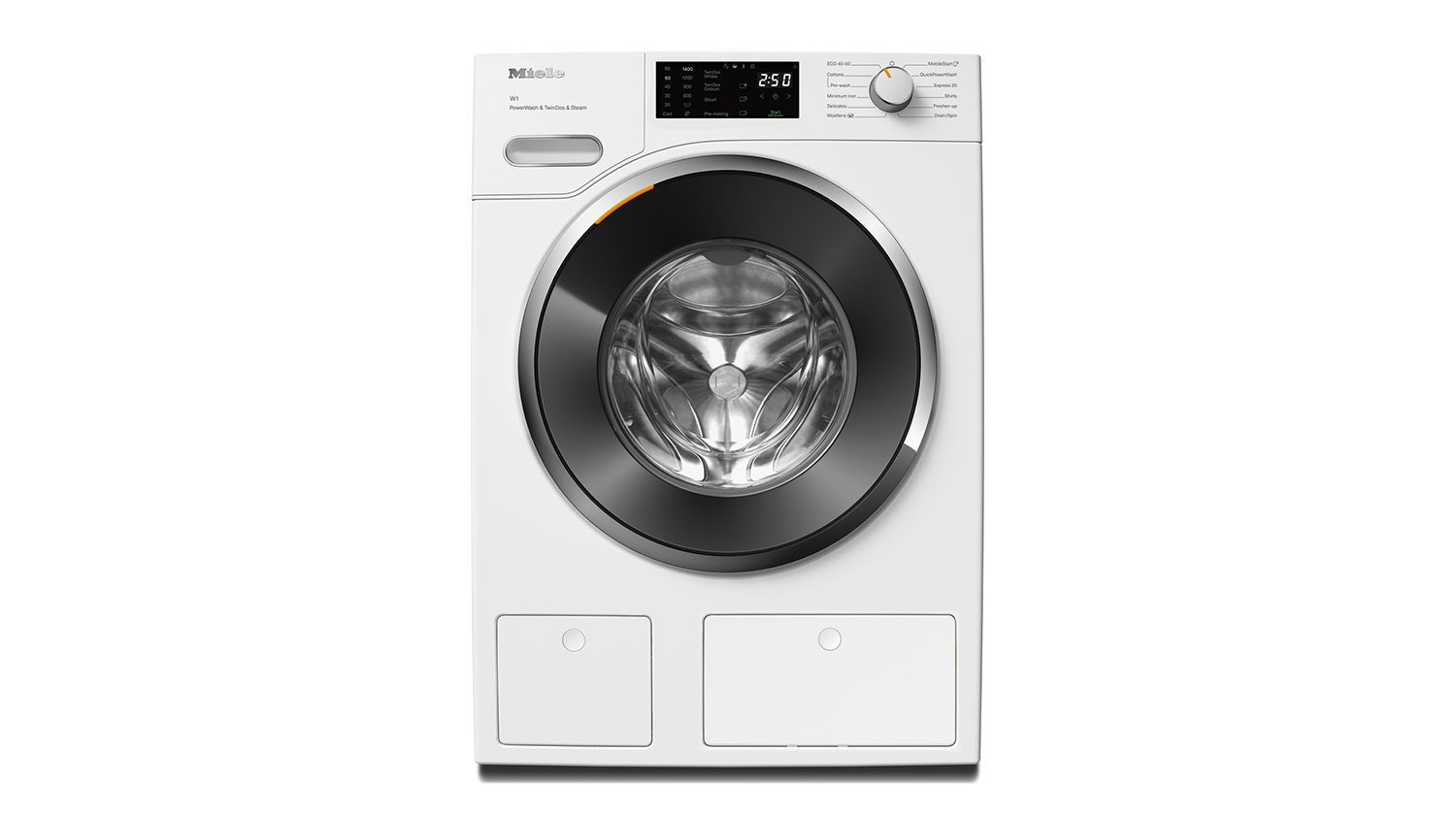 Front view of Miele 9kg front loader washing machine with digital display showing and control knob