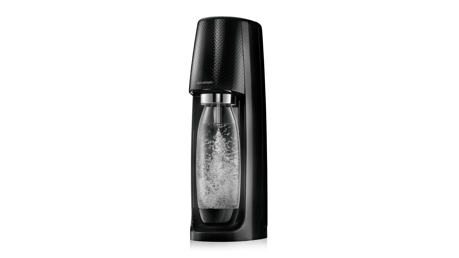 A front view of a black sparkling water maker