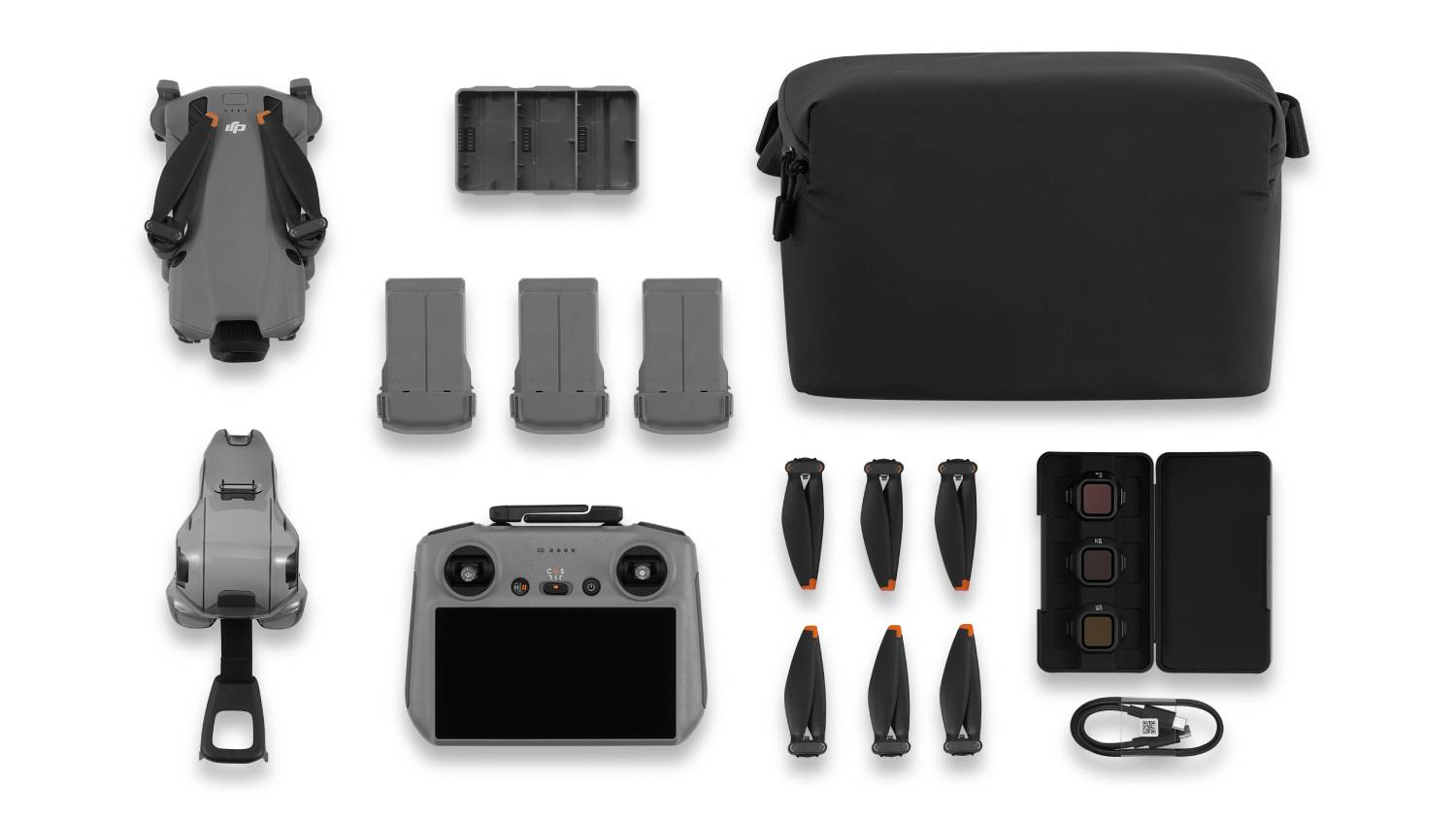 DJI Mini 5 Pro Drone Fly More Combo kit with drone, batteries, controller, propellers, charging hub, filters, and cables