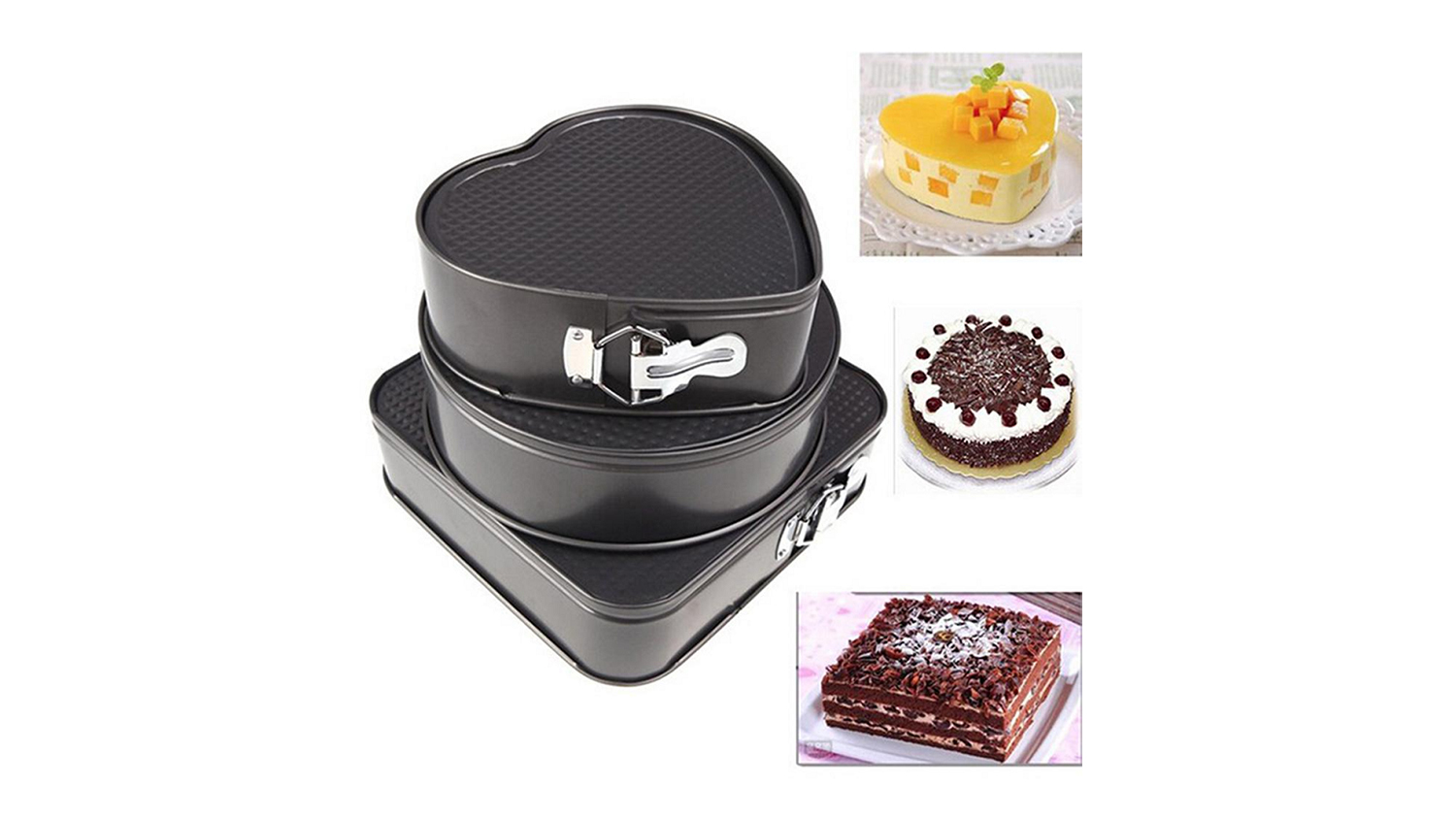 A 3-piece set of HOD Springform Cake Pans with matching decorated cakes
